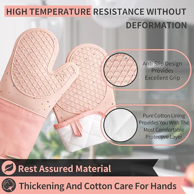Pink Oven Mits, Heat Resistant, Non-Slip Grip Pattern, Baking Gloves for Oven, Kitchen Pot Holders,1 Pair - Image 3