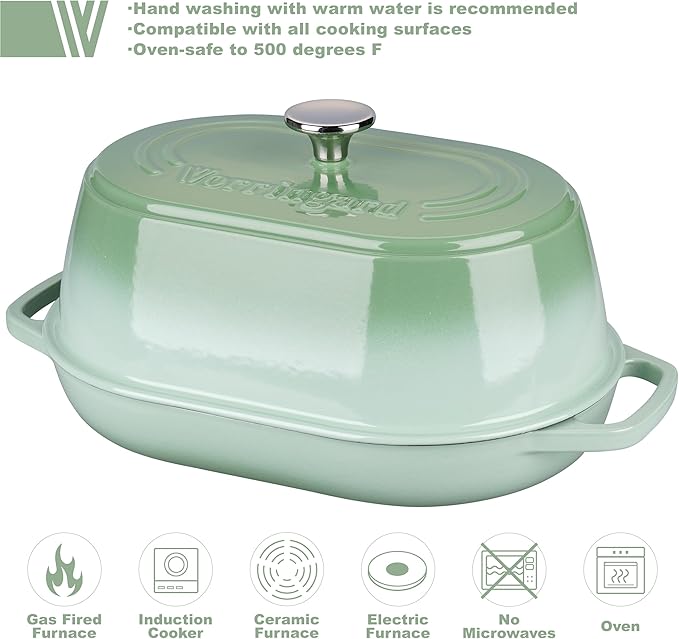 VORRINGARD Enameled Cast Iron Dutch Oven Pot with Dome Lid, Oval Bread Oven for Homemade Sourdough Bread Baking, Oven Safe up to 500°F, 6 Quart, Green