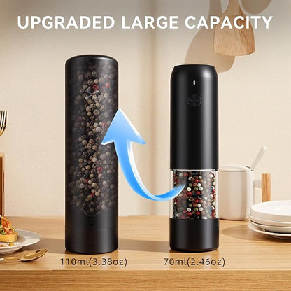 Electric Salt and Pepper Grinder Set with Dual Charging Base, Rechargeable Automatic Pepper Mill, 110ml Large Capacity, Adjustable Coarseness, One-Handed Operation for Kitchen, BBQ, Gift