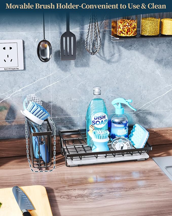 Consumest Sink Caddy, Kitchen Sponge Holder with Dish Brush Holder, Kitchen Sink Organizer with Drip Tray for Countertop Stainless Steel Rustproof, Black-Large - Image 2