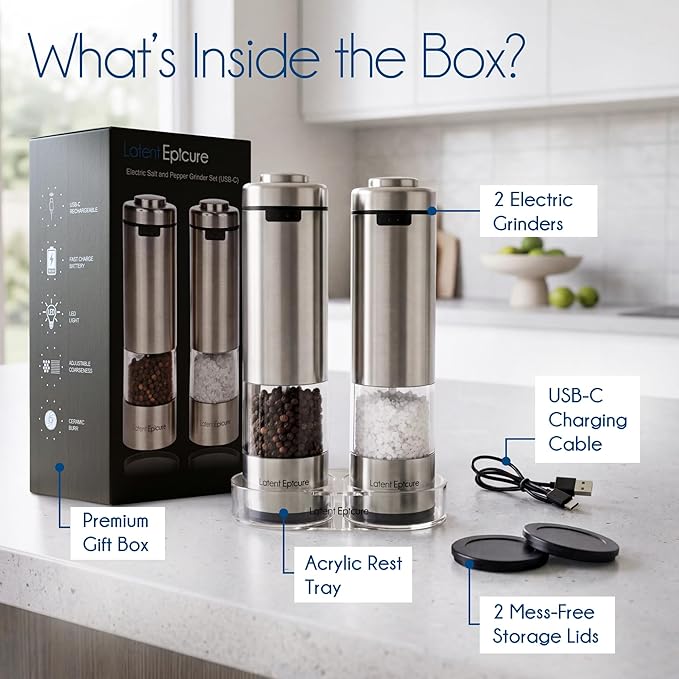 Latent Epicure Electric Salt and Pepper Grinder Set, USB-C Rechargeable Stainless Steel Mills with LED Light, Adjustable Ceramic Grinders with Acrylic Mill Rest Tray