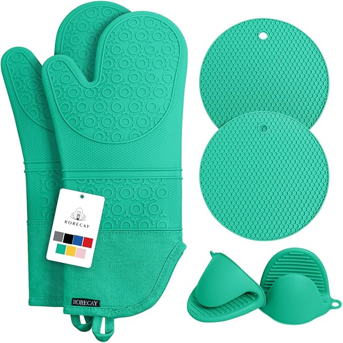 Rorecay 6pcs Oven Mitts and Pot Holders Sets Heat Resistant 500 Degrees, Non-Slip Silicone Hot Pads Potholders for Kitchen Baking Cooking, Extra Long Oven Gloves Quilted Liner, Jungle by Rorecay