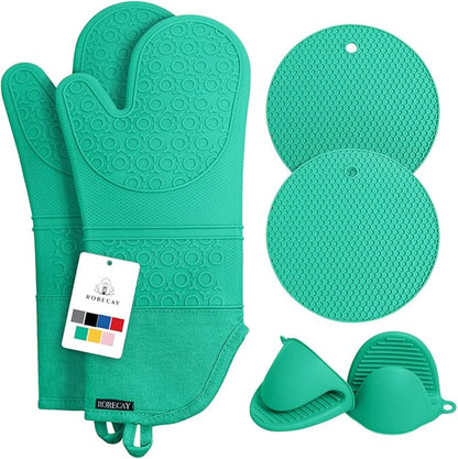 Rorecay 6pcs Oven Mitts and Pot Holders Sets Heat Resistant 500 Degrees, Non-Slip Silicone Hot Pads Potholders for Kitchen Baking Cooking, Extra Long Oven Gloves Quilted Liner, Jungle by Rorecay