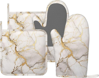 Oven Mitts and Pot Holders Marble Gray Gold White Silicone Kitchen Accessories Set of 4 Heat Resistant Long Gloves Potholder Non-Slip Grip for Chef Cooking Baking Grilling BBQ
