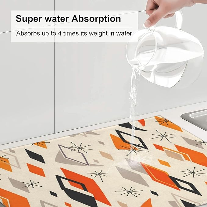 Retro Geometric Pattern Dish Drying Mat For Kitchen Counter Absorbent Large Kitchen Fast Dry Pad Reusable Washable Protector Rack Large Mat 18 X 24