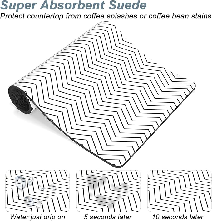 Rnivvi Coffee Mat, 12" x 19" Cute Coffee Bar Mats for Espresso Machine Station Accessories and Organizer, Hide Stain Rubber Backed Absorbent Dish Drying Pad for Kitchen Counter, White Strip - Image 3