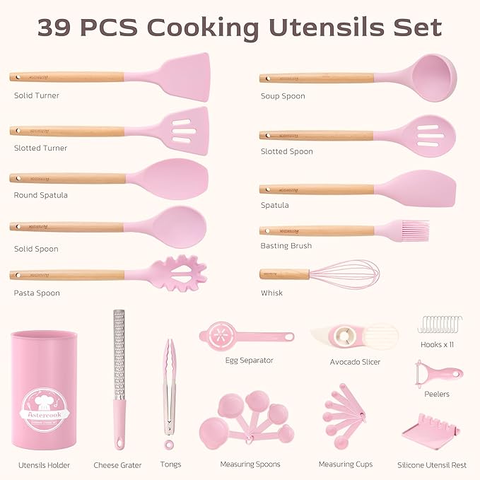 Astercook Kitchen Utensils set, 39 PCS Silicone Cooking Utensils Set with Wooden Handle, 446°F Heat Resistant Food Grade Utensil Sets, BPA Free Kitchen Gadgets Tools Set for Mothers Day Gifts - Image 9