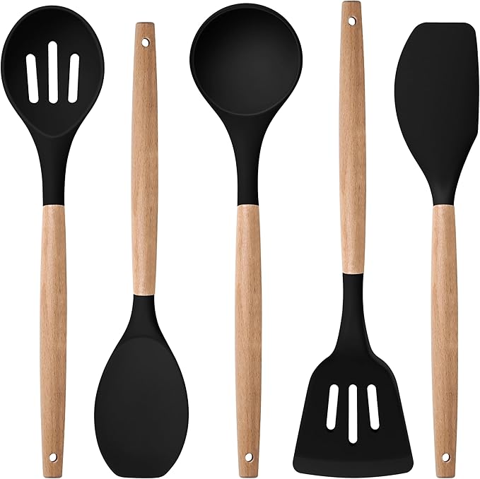 Herogo 5-Piece Cooking Utensils Set, Silicone Kitchen Utensils Set with Wooden Handle, Heat Resistant Cooking Tools Slotted Turner, Spoon, Soup Ladle, Spatula, Spoonula for Nonstick Cookware, Black by Herogo