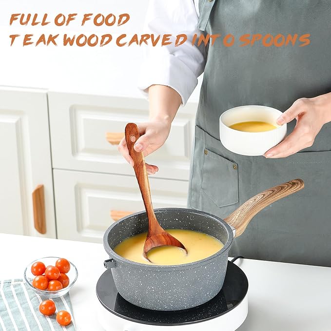 Wooden Spoons for Cooking, 1 Pcs Natural Teak Wooden Cooking Spoons for Non-Stick - Image 3