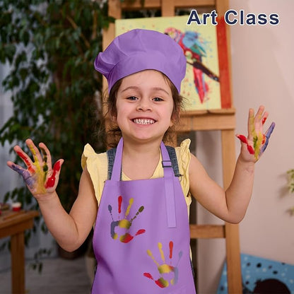 Kids Apron and Chef Hat Set, 24 Pieces Boys Girls Kids Apron with 2 Pockets Adjustable for Cooking Classroom Baking Painting, 6-13 Years, Bright Color