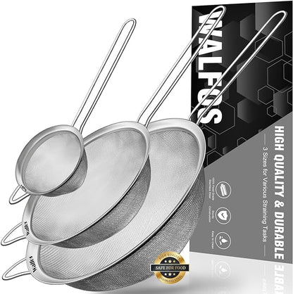 Walfos Fine Mesh Strainers Set, Premium Stainless Steel Colanders and Sifters, with Reinforced Frame Sturdy Handle, Perfect for Sift, Strain, Drain Rinse Vegetables, Pastas Tea - 3 Sizes by Walfos