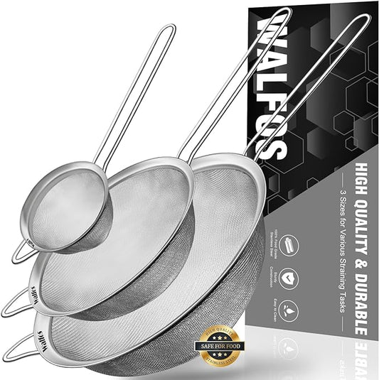 Walfos Fine Mesh Strainers Set, Premium Stainless Steel Colanders and Sifters, with Reinforced Frame Sturdy Handle, Perfect for Sift, Strain, Drain Rinse Vegetables, Pastas Tea - 3 Sizes by Walfos