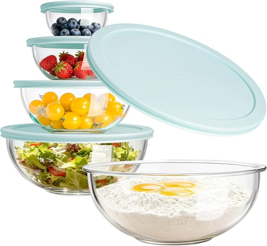 Luvan Glass Mixing Bowl with Lids Set of 5(0.2QT, 0.5QT, 1.1QT, 2.1QT, 3.75 QT), Space-Saving Nesting Bowls Anti-slip Salad Bowls for Storage, Cooking, Microwave,Freezer,Oven and Dishwasher Safe by Luvan