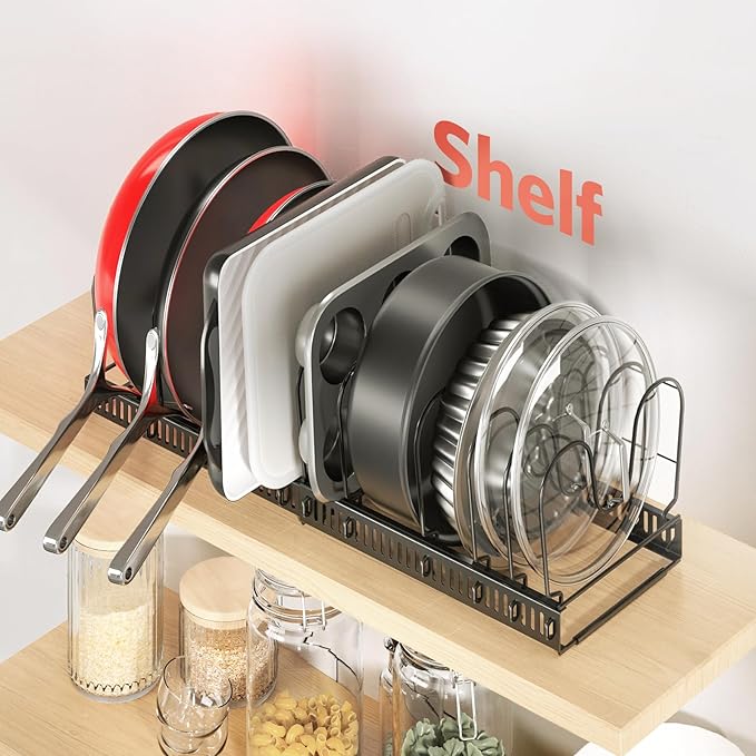 ORDORA Pots and Pans Organizer under Cabinet, Expandable 11.8"-22.8" Pot Lid Holder with 12 Adjustable Dividers, Pan Organizers inside Cabinet for Kitchen Cookware Bakeware, Black - Image 8