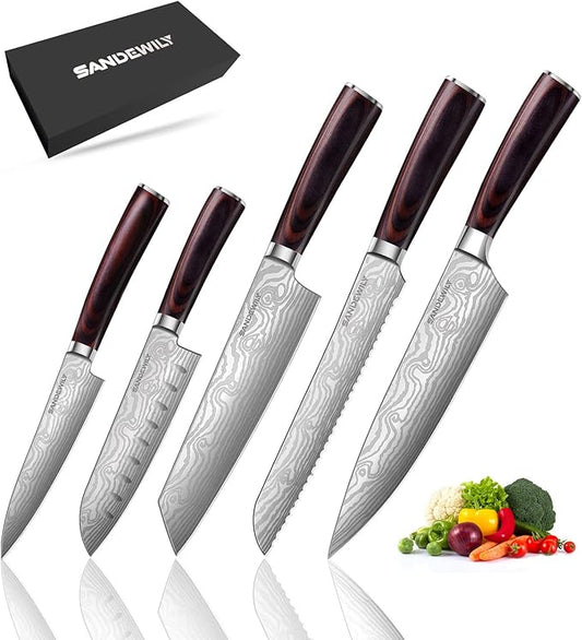 Professional Kitchen Knife Set, 5-Piece High Carbon German Stainless Steel Chef Knives with Sheaths, Ergonomic Pakkawood Handles, Ultra Sharp, Versatile for Home & Restaurant – Premium Gift Box