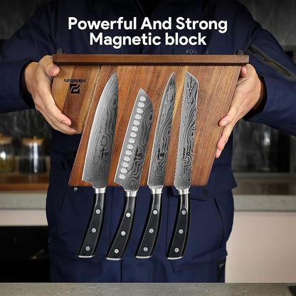 Piklohas Knife Sets for Kitchen with Block, 17 Pieces with Magnetic Knife Holder, German High Carbon Stainless Steel Damascus Pattern Chef Knife Set