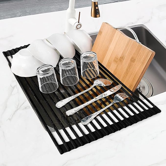 MERRYBOX Roll Up Over The Sink Dish Drying Rack Silicone Wrapped Foldable, Heat-Resistant, Anti-Slip Sink Rack Multipurpose Dish Drainer for Kitchen Sink Counter - Black, 17.5" x 11" - Image 8