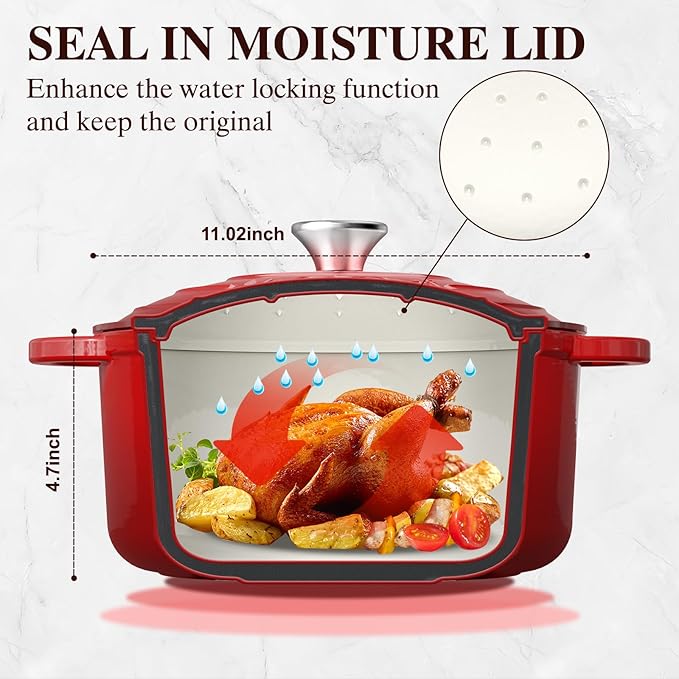 Umite Chef 7QT Enameled Cast Iron Dutch Oven with Lid & Cotton Potholders–Heavy-Duty Cookware for Bread Baking, Braising, Stews, Marinate, Cook(Red) - Image 2
