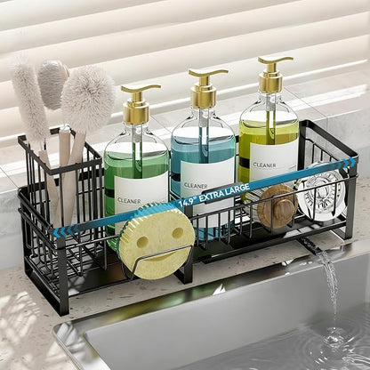 Aurblozen Extra Large Extendable Sponge Holder for Kitchen Sink, Rustproof Sink Caddy Organizer with High Brush Holder, Dish Soap Dispenser Organizers and Storage (Black) by Aurblozen
