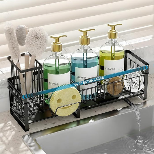 Aurblozen Extra Large Extendable Sponge Holder for Kitchen Sink, Rustproof Sink Caddy Organizer with High Brush Holder, Dish Soap Dispenser Organizers and Storage (Black) by Aurblozen