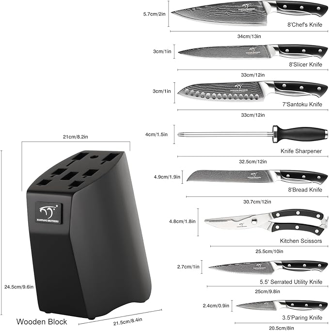 Damascus Kitchen Knife Sets, 9 Pieces Kitchen Knives Set with Block, ABS Ergonomic Handle for Chef Knife Set, Knife Sharpener and Kitchen Shears, Knife Block Set