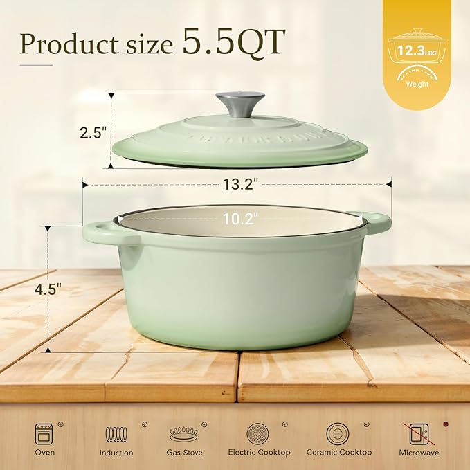 Overmont Enameled Cast Iron Dutch Oven - 5.5QT Pot with Lid Cookbook & Cotton Potholders - Heavy-Duty Cookware for Braising, Stews, Roasting, Sourdough Baking Verdant - Image 4
