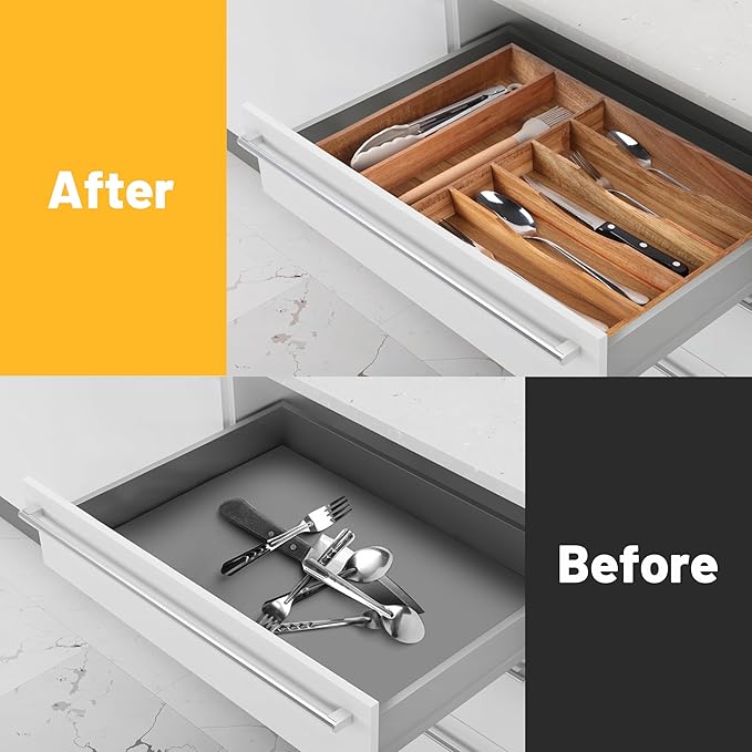 Kitchen Acacia Silverware Organizer - Extra Deep Grooved Drawer Divider, 7 Slot Utensil Organizer - Image 2