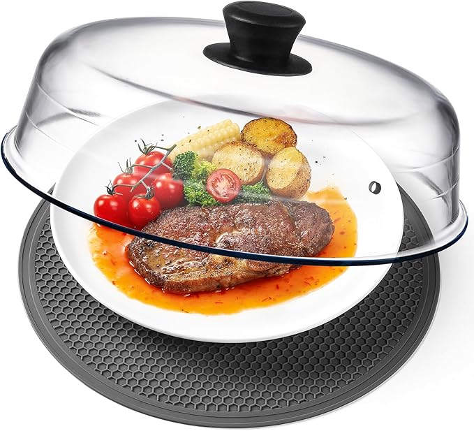 2 in 1, Glass Microwave Splatter Cover for Food & Microwave Place Mat, Plate Splatter Guard Lid with Easy Grip Silicone Handle Knob, Borosilicate Glass with Vent Hole, Food Grade, No Plastic, 10in by Unknown