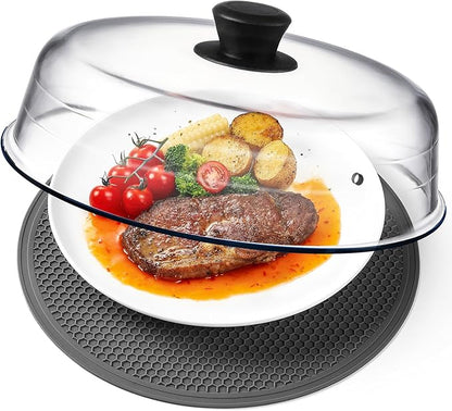 2 in 1, Glass Microwave Splatter Cover for Food & Microwave Place Mat, Plate Splatter Guard Lid with Easy Grip Silicone Handle Knob, Borosilicate Glass with Vent Hole, Food Grade, No Plastic, 10in by Unknown