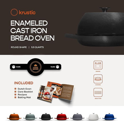 Enameled Cast Iron Dutch Oven for Sourdough Bread Baking | 6 Quart Pot with Lid | 10 Inch Ceramic Enamel Thick Coated Cookware Set with Non Stick Silicone Baking Mat for Cooking | 6 Qt |Black