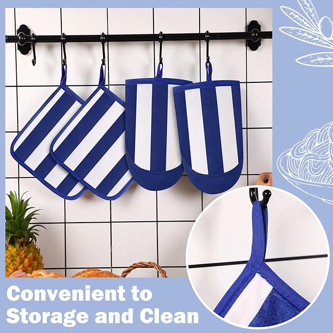 Reallnaive Oven Mitts and Pot Holders 4 Pcs Set for Kitchen, Stripe Cotton Oven Mitten Gloves Hot Pads Heat Resistant 500°f Outdoor Indoor Garden Baking Cooking BBQ Gift Hanging Loop, Beige (Blue) - Image 4