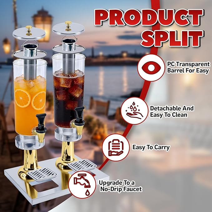 2-Gallon Drink Dispenser with Stainless Steel Drip Tray - Party Beverage Juice Lemonade Iced Tea Water Dispenser for Church Events, Catering, Family Gatherings & Outdoor (GOLD)