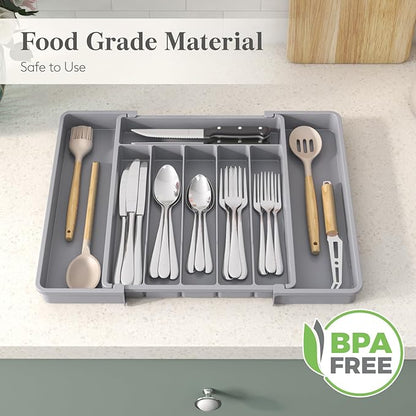 Lifewit Silverware Drawer Organizer, Expandable Utensil Tray for Kitchen, BPA Free Flatware and Cutlery Holder, Adjustable Plastic Storage for Spoons Forks Knives, 10.9"-17.5" x 13.7", Gray - Image 7