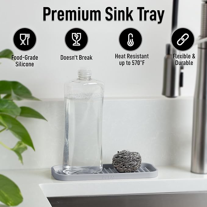 Zulay Kitchen (9x3.5in) Sponge Holder for Kitchen Sink - Flexible Heavy-Duty Multipurpose Sink Caddy - Counter Organizer for Kitchen, Bathroom, Makeup, Trinkets & More! (Grey) - Image 2