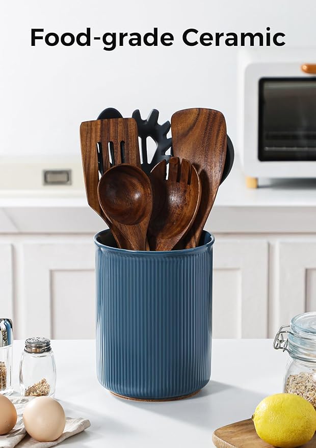 LoeJan Utensil Holder, Extra Large Utensil Crock, Stable Ceramic Utensil Organizer, Cooking Tool Organizer Set for Kitchen Counter Farmhouse Décor, Blue - Image 3
