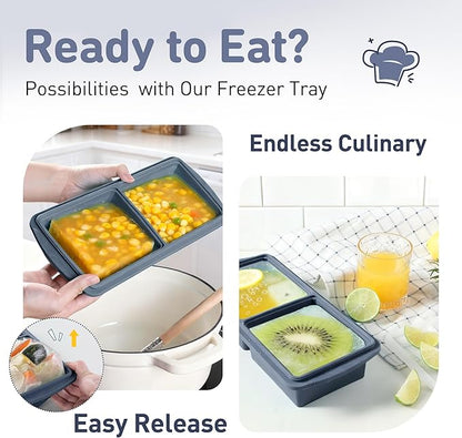 Silicone Freezer Tray with Lid Soup Freezer Container Molds with Steel Reinforced Rim Large Ice Cube Tray Makes 4 Perfect 2 Cup Portions Cubes Storage Food Housewarming Gift Kitchen Must Haves