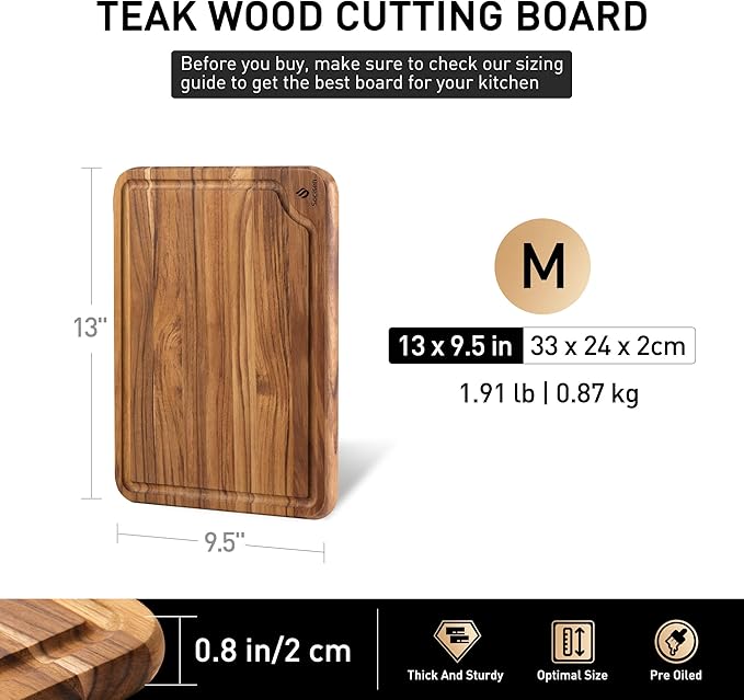 Teak Wood Cutting Board for Kitchen 13inch Charcuterie Board Serving Heavy Duty Non Toxic Slip Over Sink Solid Thick Haus Wooden Chopping Board Large Big Small Meat Best Kitchen Essential Gift - Image 3