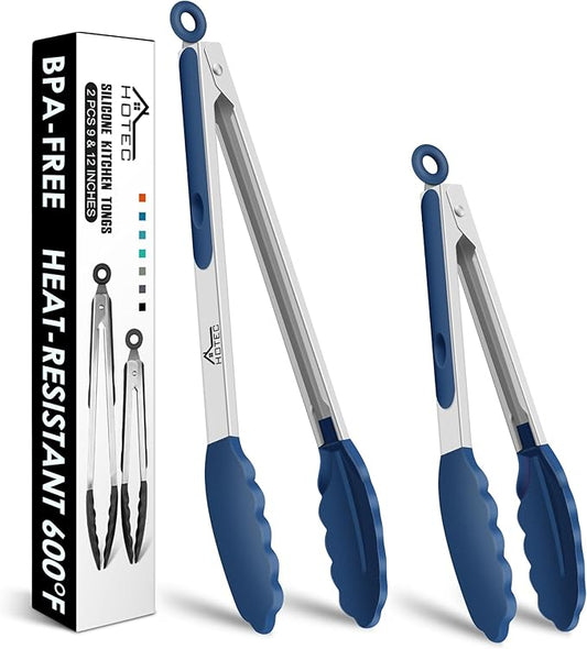 HOTEC Premium Stainless Steel Locking Kitchen Tongs with Silicon Tips, Set of 2-9" and 12", Classic Blue by Hotec
