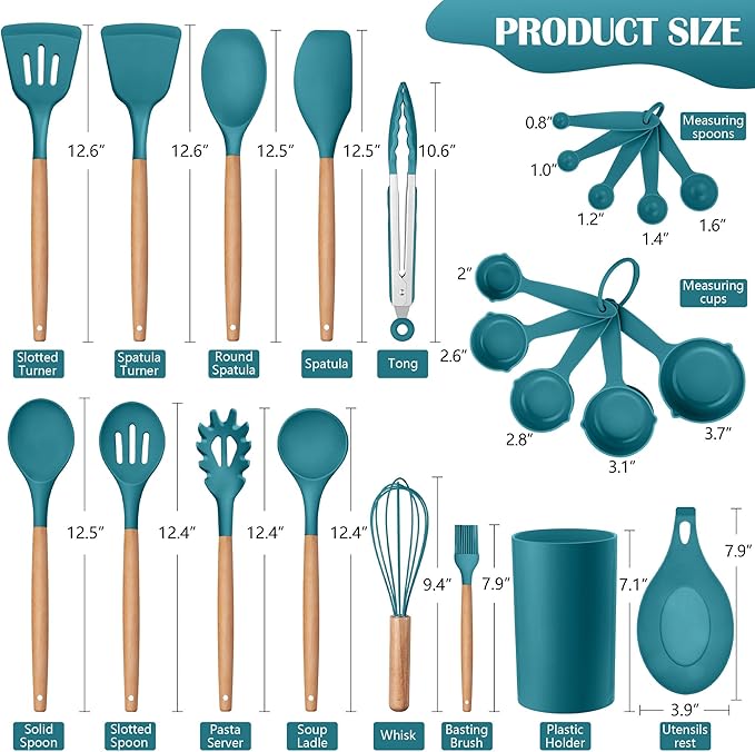 HaWare Kitchen Cooking Utensils Set, 23-Piece Silicone Kitchen Utensils Spatula Set with Holder, Heat Resistant Wooden Handle Kitchen Gadget for Nonstick Cookware, Food-grade Turner Spoon Sets (Blue) - Image 2