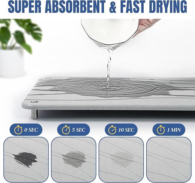 Stone Drying Mat for Kitchen Counter, Diatomaceous Dish Drying Mats Superb Absorbent with Non-Slip Stainless Steel Feet for Dishes, Bottles and more, 15.7"(L)×11.8"(W), Light Grey Wave - Image 3