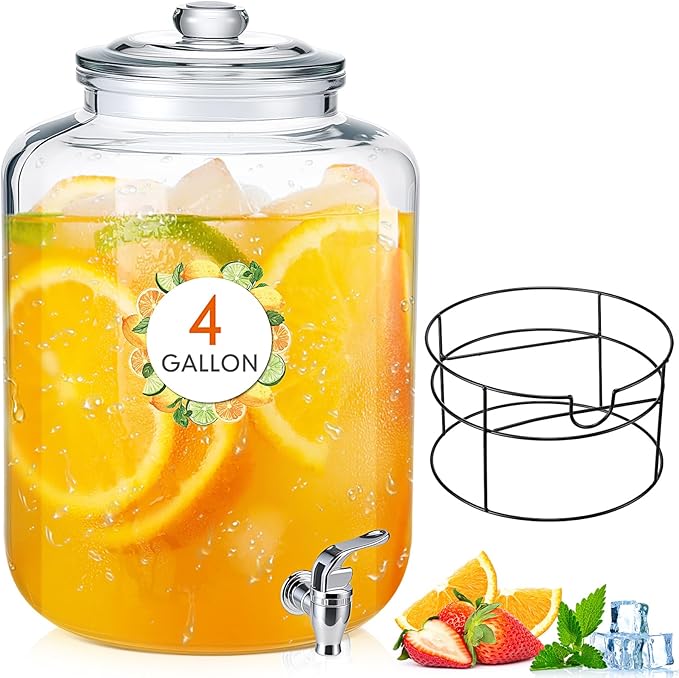 Honeydak 1 Pack 4 Gallon Glass Beverage Dispenser with Stand and Spigot Leakproof Glass Drink Beverage Storage for Valentine's Parties Mason Jar Dispenser with Lids