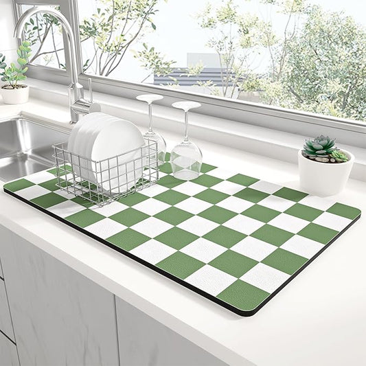 Rnivvi Dish Drying Mat for Kitchen Counter, 12 x 19" Cute Checkered Absorbent Draining Pad, Non-Slip Heat Resistant Coffee Bar Mats for Coffee Machine Station Accessories, Green White Dish Rack Pad by Rnivvi
