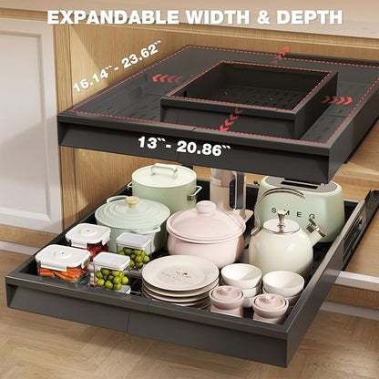 Seinloes 4 Pack Pull Out Cabinet Organizer With Raising Pad for Framed Cabinets,Expandable Width (13"-21") and Depth (17"-24"),3 Slide Rails Slide Out Drawers with Handle,No-Drill Roll Out Shelf,Black - Image 2