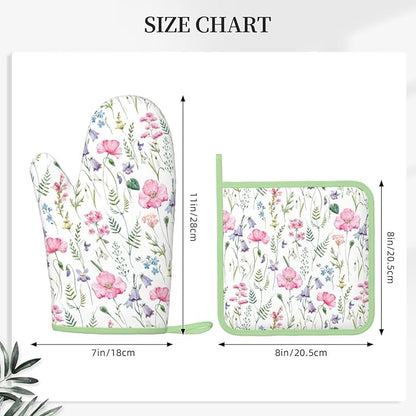 Pink Floral Silicone Oven Mitts Pan Mats Set of 2, Heat Resistant Gloves Potholder with Non-Slip Grips Hanging Loops Pot Holder, Spring Summer for Chef Cooking, Baking, Grilling, BBQ