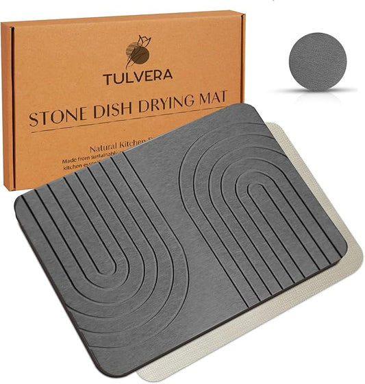 Stone Dish Drying Mat for Kitchen Counter – Diatomaceous Earth Drying Mat | Fast-Absorbing, Minimalist Design, Durable Diatomite | Non-Slip, Heat Resistant, Easy-to-Clean | USA Brand | 15.7”x11.8” by Tulvera