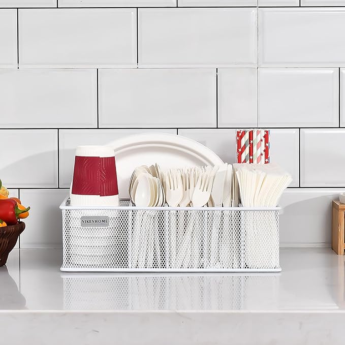 VIKEYHOME Paper Plate Organizer, Metal Silverware Caddy with 6 Compartments for Knives, Spoons, Cups, Forks, Napkins, Utensil Holder for Party, Camping, Picnic, White - Image 7