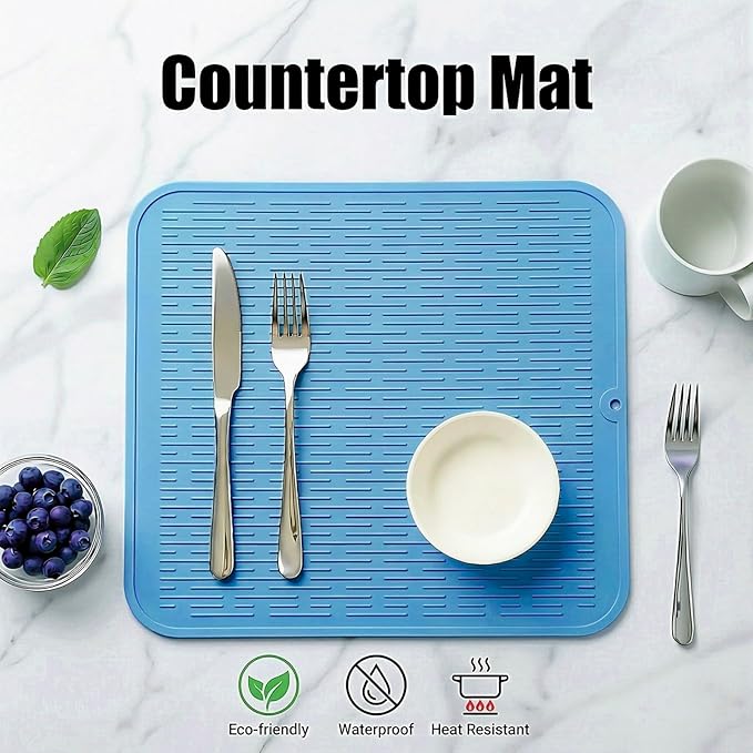 MicoYang Silicone Dish Drying Mat for Multiple Usage,Easy clean,Eco-friendly,Heat-resistant Silicone Mat for Kitchen Counter or Sink,Refrigerator or Drawer Liner Light Blue XL 18 inches x 16 inches - Image 3