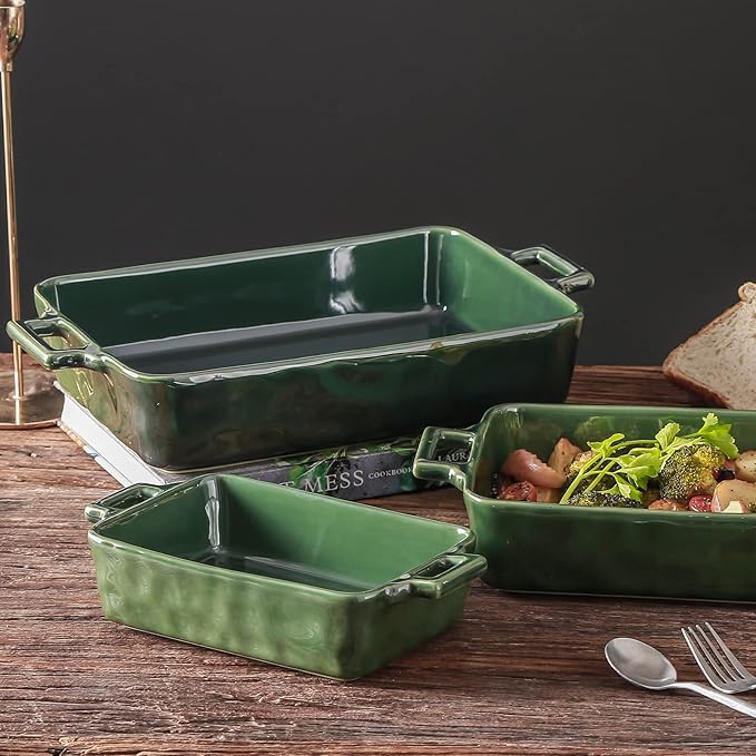 VICRAYS Ceramic Bakeware Set, Porcelain Rectangular Baking Dish, Baking Pan Lasagna Pans Casserole Dish Set for Cooking, Kitchen, Cake Dinner, Banquet and Daily Use, 3 PCS, 15 x 8.5 Inches(Green) - Image 7