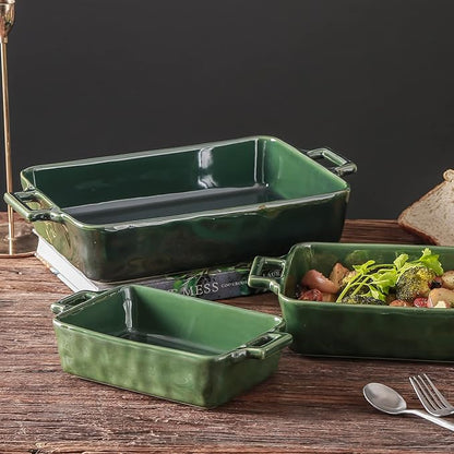 VICRAYS Ceramic Bakeware Set, Porcelain Rectangular Baking Dish, Baking Pan Lasagna Pans Casserole Dish Set for Cooking, Kitchen, Cake Dinner, Banquet and Daily Use, 3 PCS, 15 x 8.5 Inches(Green) - Image 7