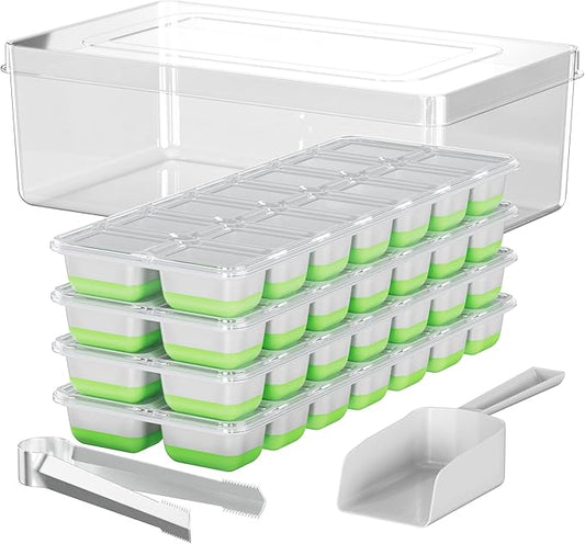 Ice Cube Tray Set – 4 Silicone Trays with Lids, Ice Bucket, Scooper & Tongs – Reusable BPA-Free Ice Maker for Freezer, Cocktails, Whiskey, Coffee, Baby Food & Kitchen Storage by Aisle3Essentials